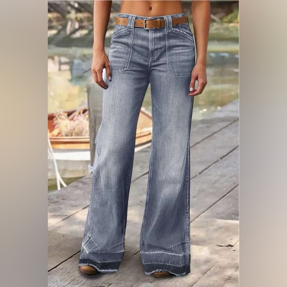 Flamingals Denim - Wash Stitch Detail Raw Hem Mid Waist Wide Leg Jeans Without Belt L JK7-7